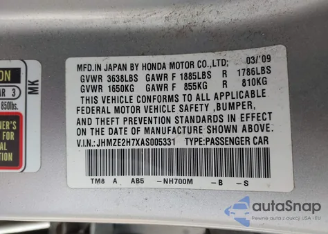 2010 Honda Insight Ex z USA, uszkodzony, nr VIN JHMZE2H7XAS005331